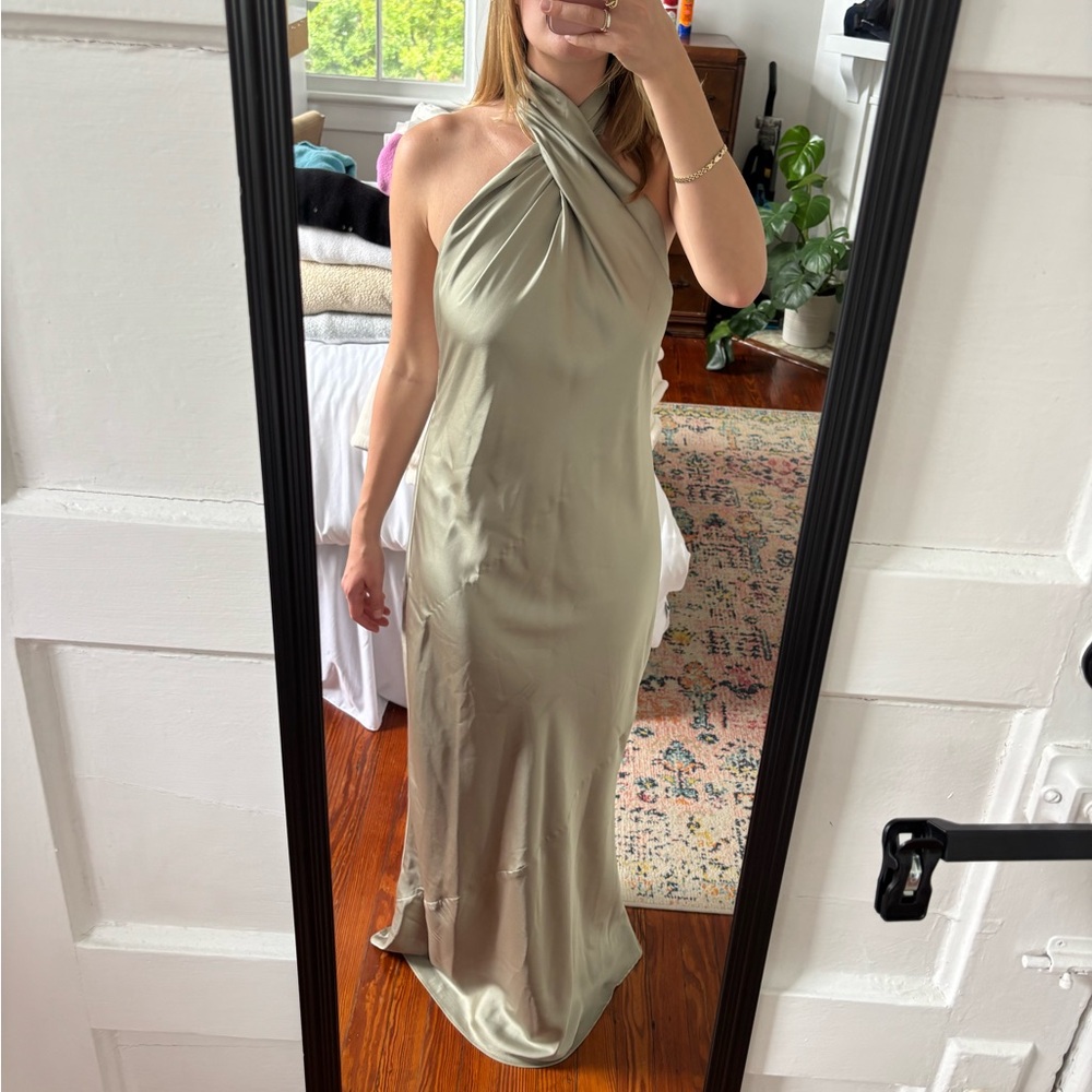 Show Me Your Mumu Jasmine Halter Maxi Dress in Moss Green Luxe Satin